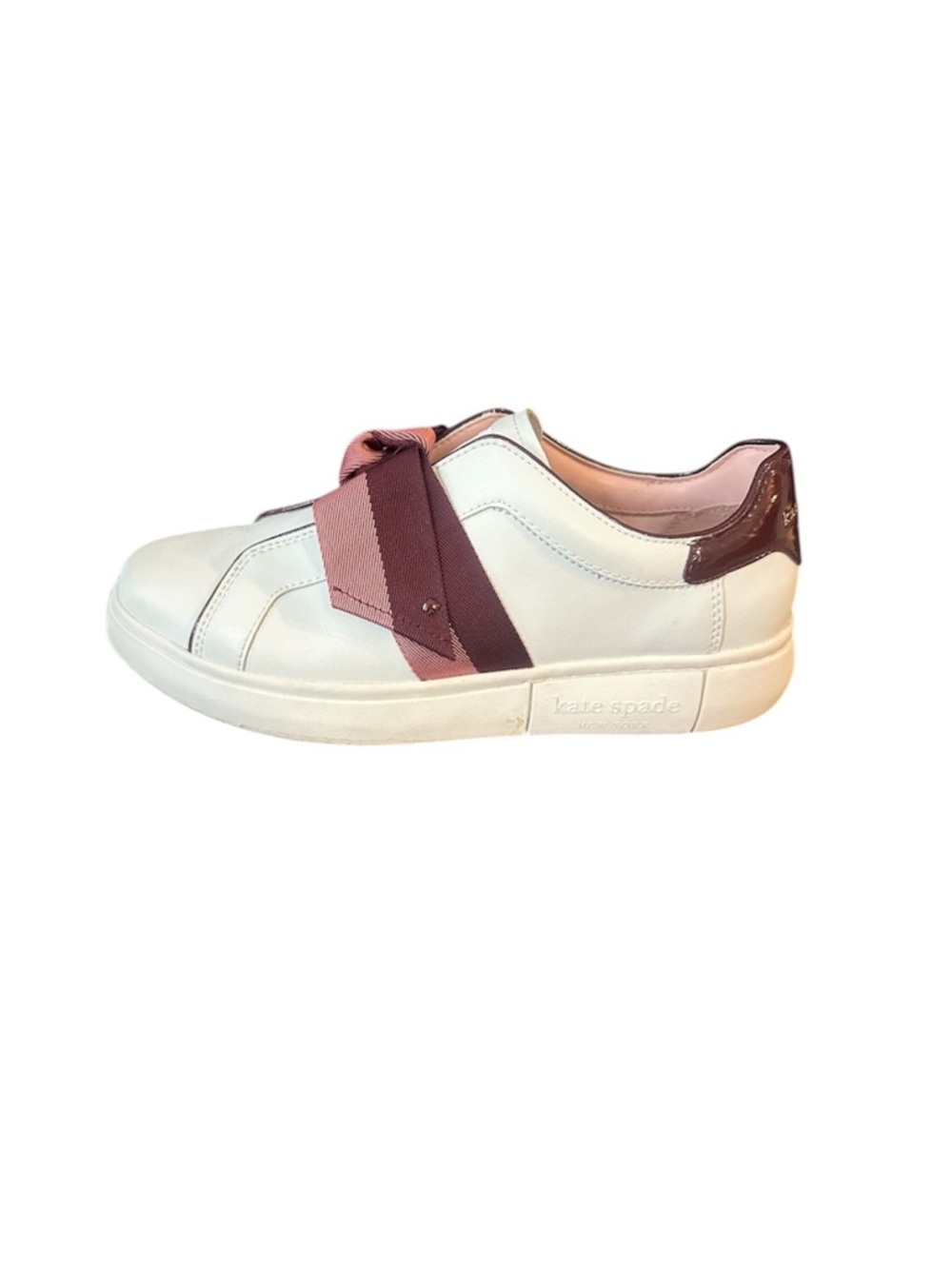 Kate Spade White Leather Slip-On Sneaker with Pink Ribbon
